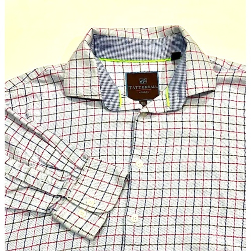 Tattersall London Button Down Shirt Men's 16.5 - 32/33 Blue Brown Pink Plaid L/S